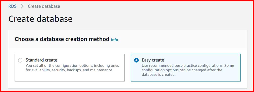 Picture showing selecting the database creation method in RDS